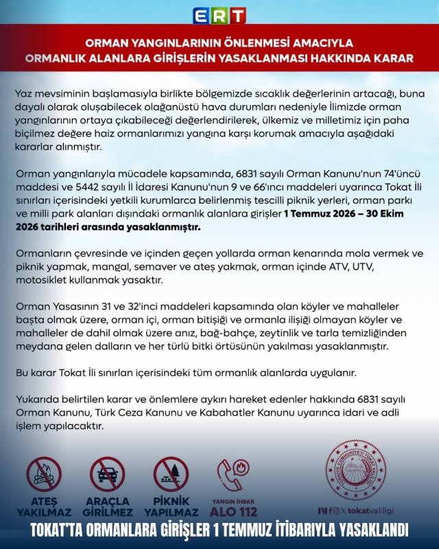 Ormanların Korunması Amacıyla 1 Temmuz 2026 ile 30 Ekim 2026 Tarihleri Arası Ormanlık Alanlara Giriş Yasağı Getirildi.